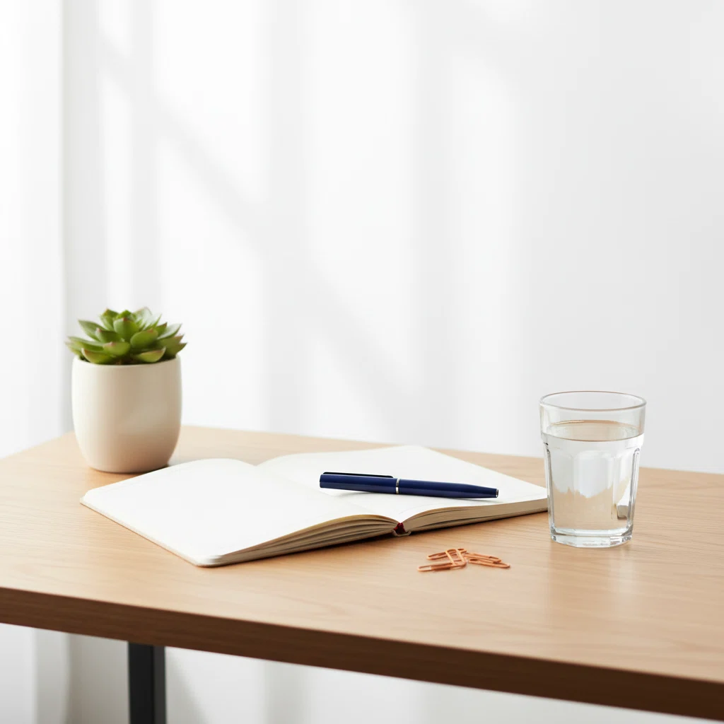 A calm, organised desk workspace with a notebook, a green plant and a glass of water, soft natural light