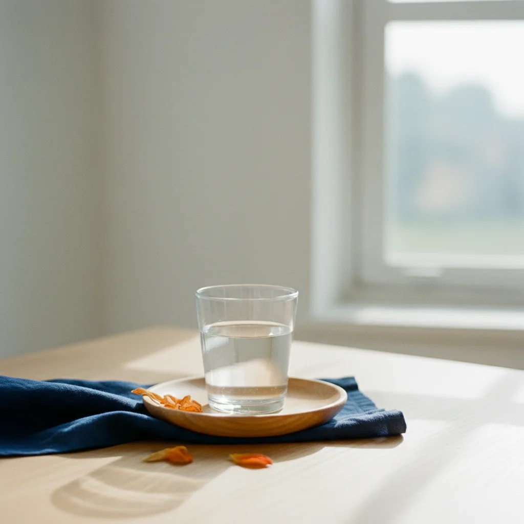 A glass of water and a single capsule on a bright wooden breakfast table, morning light