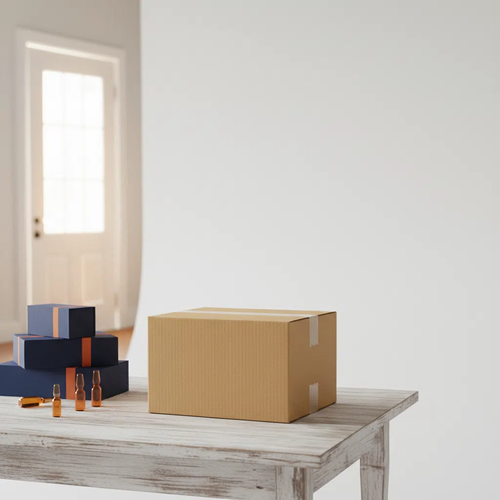 A neatly sealed plain kraft parcel box on a wooden table near a front door, natural daylight