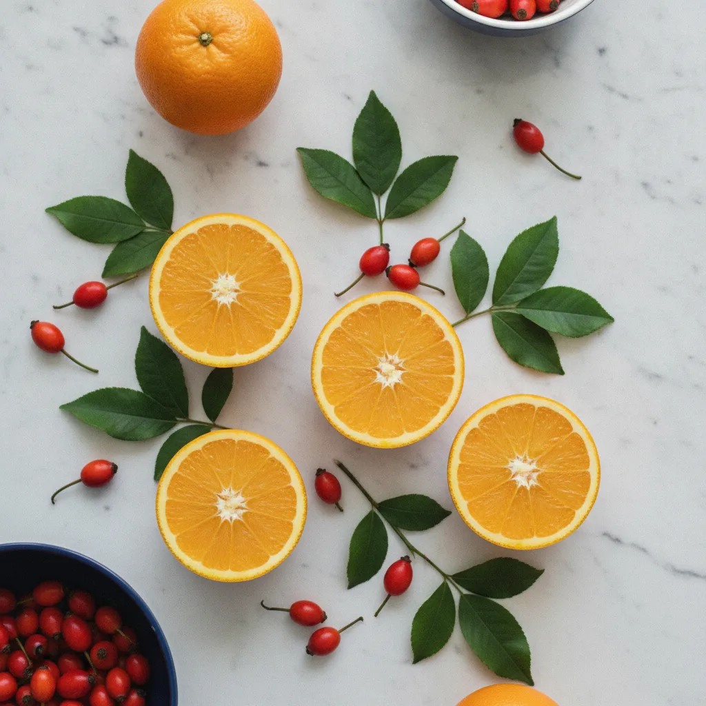 Fresh citrus fruits, rosehip and green leaves arranged on a white stone surface - natural sources of vitamin C