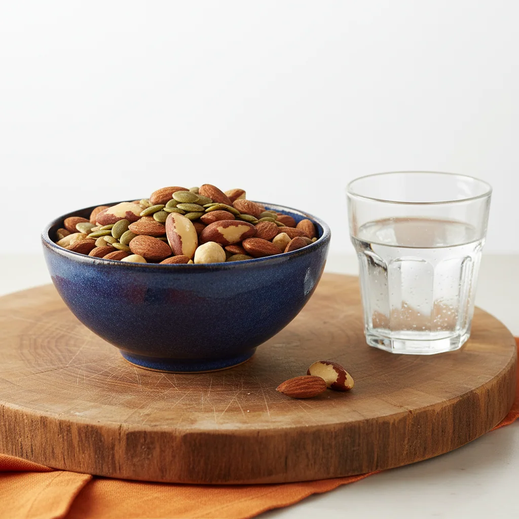 Ceramic bowls with almonds, pumpkin seeds and brazil nuts on a wooden chopping board - sources of magnesium, zinc and selenium