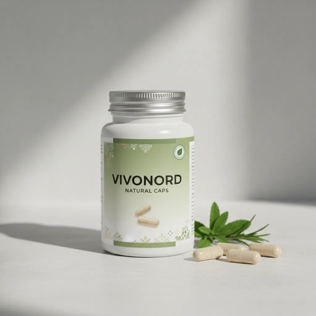 VivoNord Natural Caps - frosted glass jar with wooden lid and labelled capsule supplement